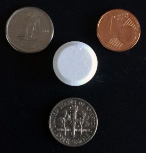 Fastchews are about the same diameter as a U.S. dime